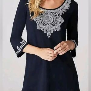 J Jill Size XS S Navy Blue Embroidered Medallion Bell 3/4” Sleeve Knit Tunic Top